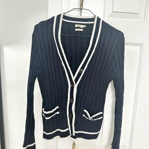 Faherty Dark Blue Cardigan with White Accents